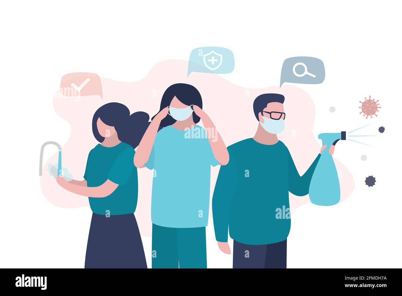 Virus prevention concept. Group of people wash their hands, wear protective masks and disinfect objects. Health care concept. Humans closeup. Global e Stock Vector
