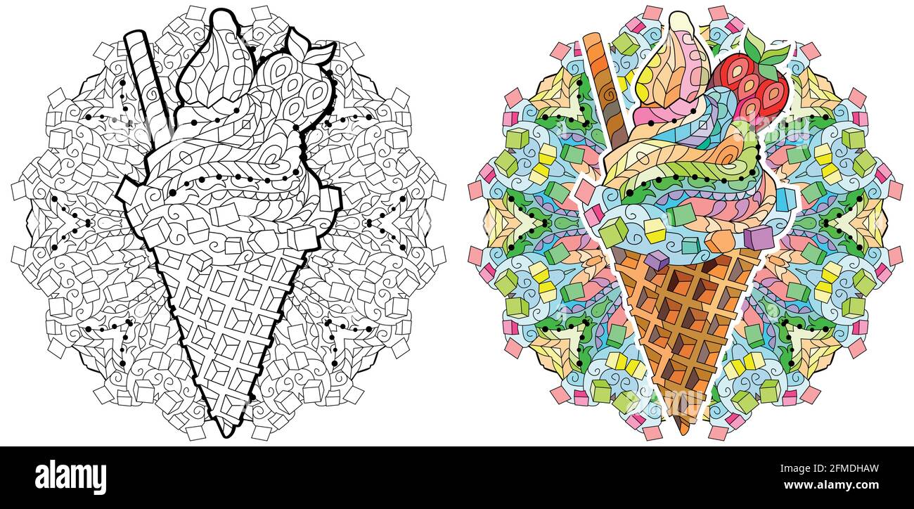 Ice cream with mandala. Floral, ornate, decorative, sweet dessert  composition. Zentagle coloring book page Ice cream Stock Vector Image & Art  - Alamy