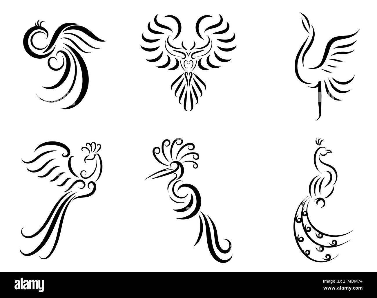 Set of six line art vector images of various beautiful birds such as pheasant peacock  crane Phoenix and eagle Good use for symbol mascot icon avatar Stock Vector