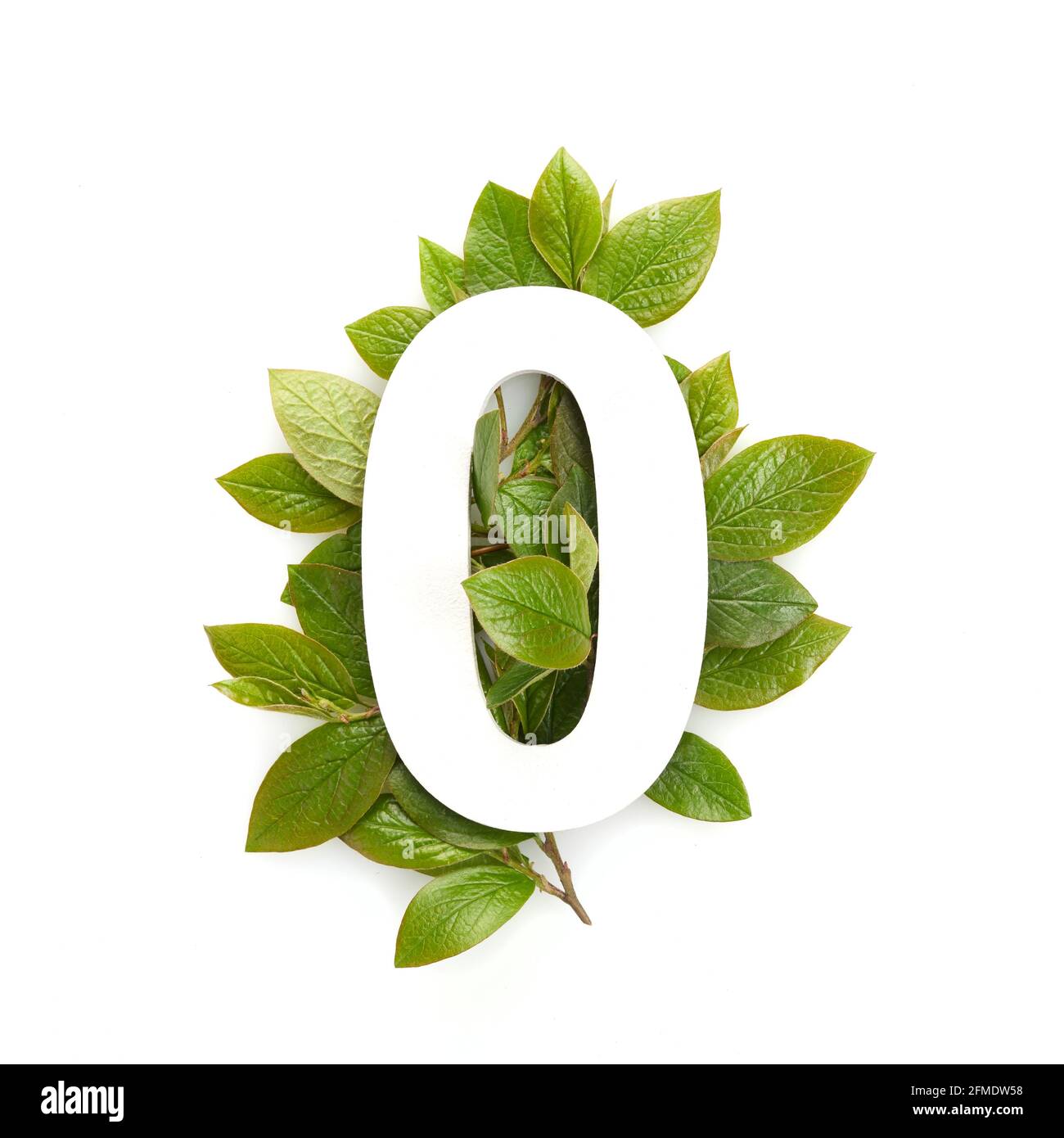 Number zero shape with green leaves. Nature concept. Flat lay. Top view Stock Photo