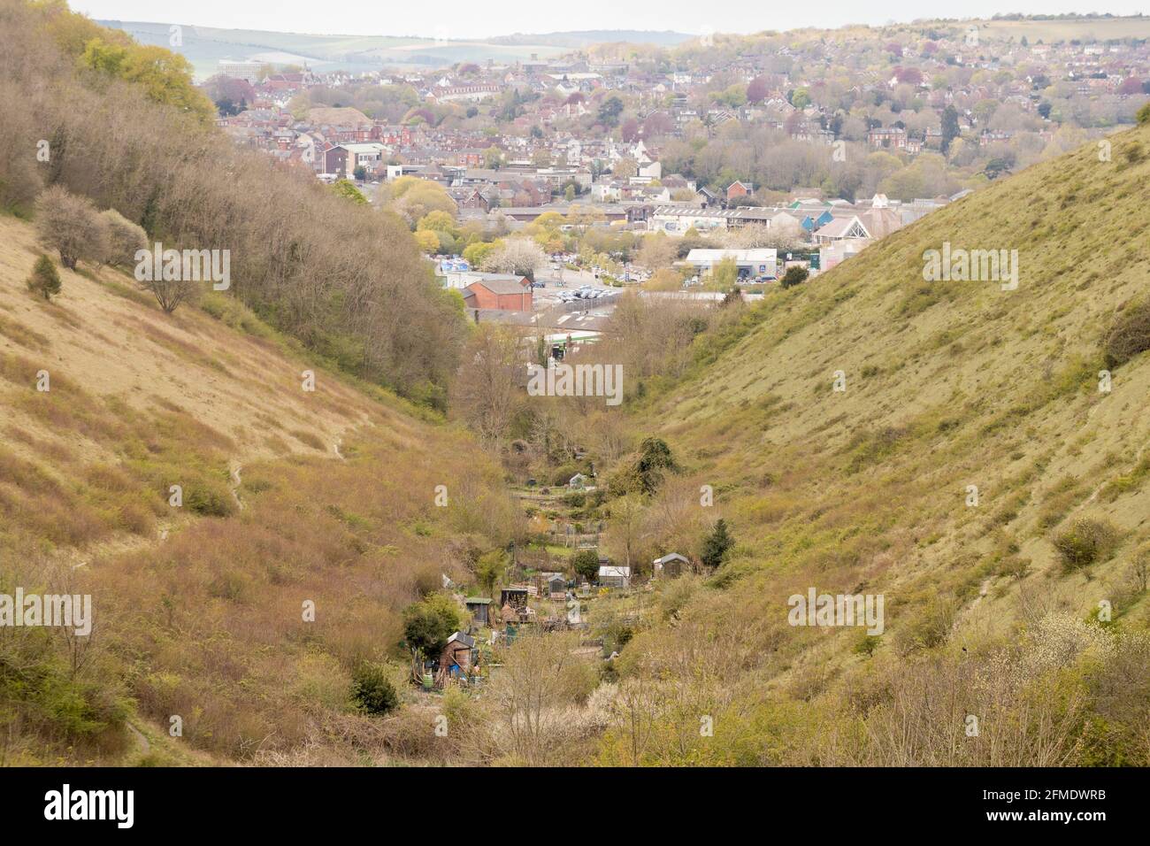 Town of Lewes from The Snout on Malling Down nature reserve in the South Downs. East Sussex, UK. Stock Photo