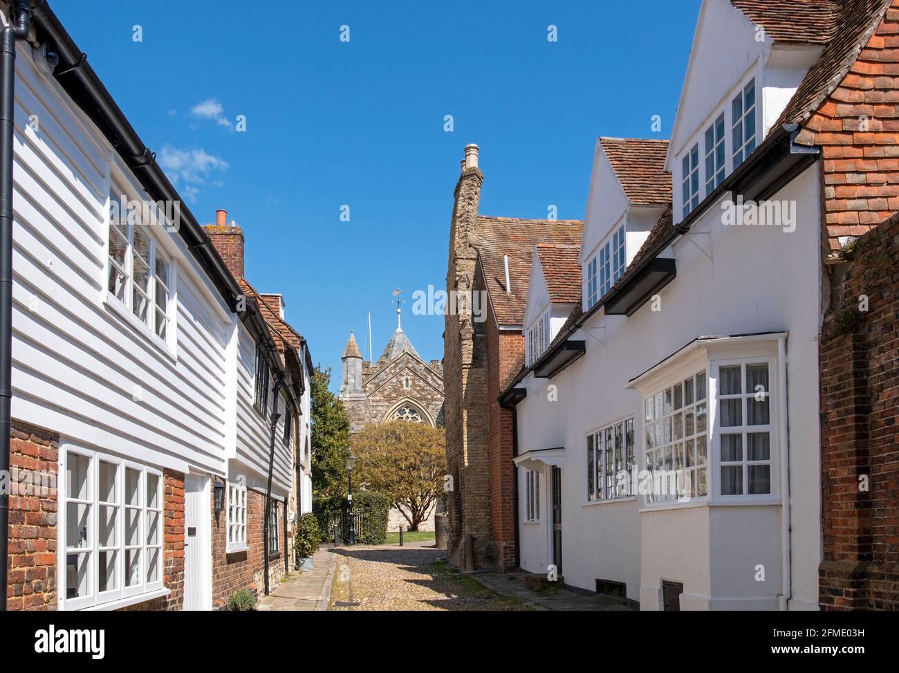 West Street, Rye East Sussex, crooked chimney house and St Mary's