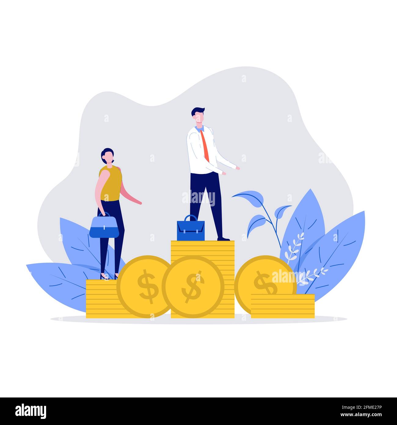 Businessman and businesswoman standing on stacks of coins representing wages level. Concept of Competition, Rivalry Between Colleagues, Office Workers Stock Vector