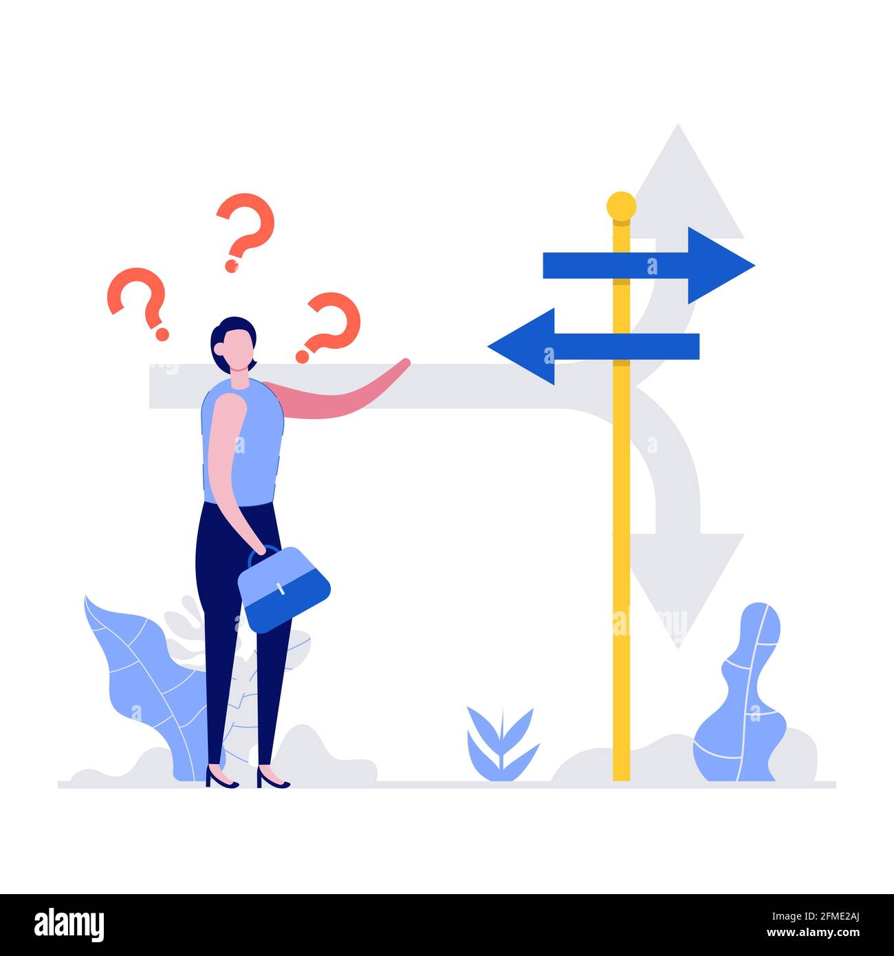 Confused businesswoman standing at a crossroads and looking directional sign arrows. Symbol for choice, career path or opportunities, business concept Stock Vector