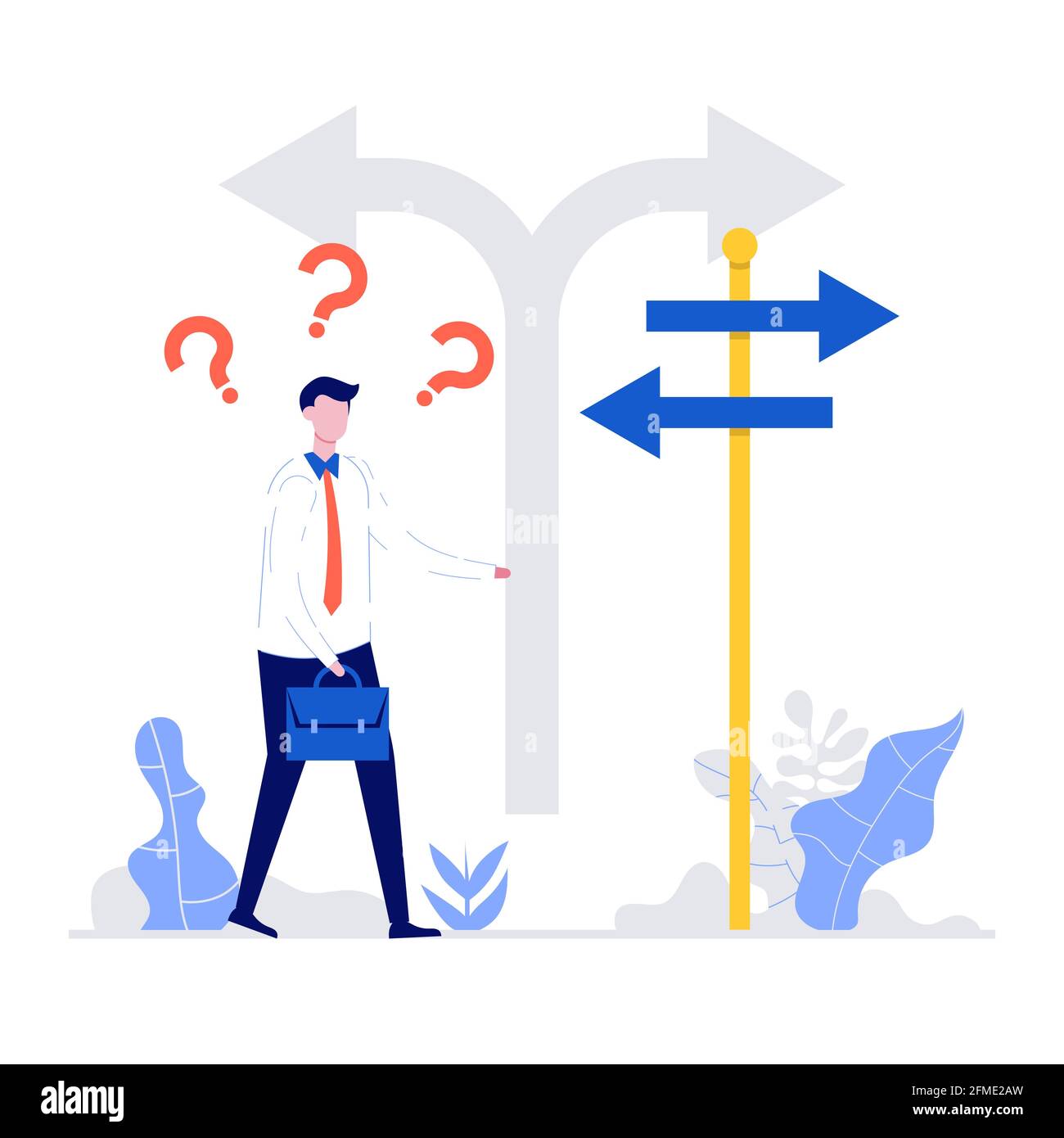 Confused businessman standing at a crossroads and looking directional sign arrows. Symbol for choice, career path or opportunities, business concept d Stock Vector