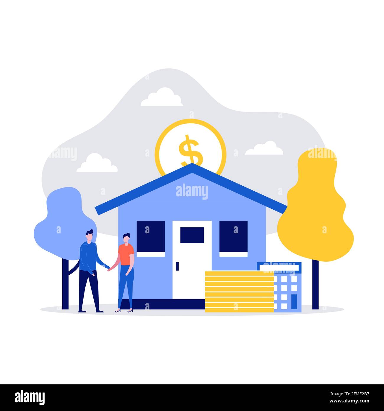 Mortgage concept. House loan or money investment to real estate. Family buying home with contract. Modern vector illustration in flat style for landin Stock Vector
