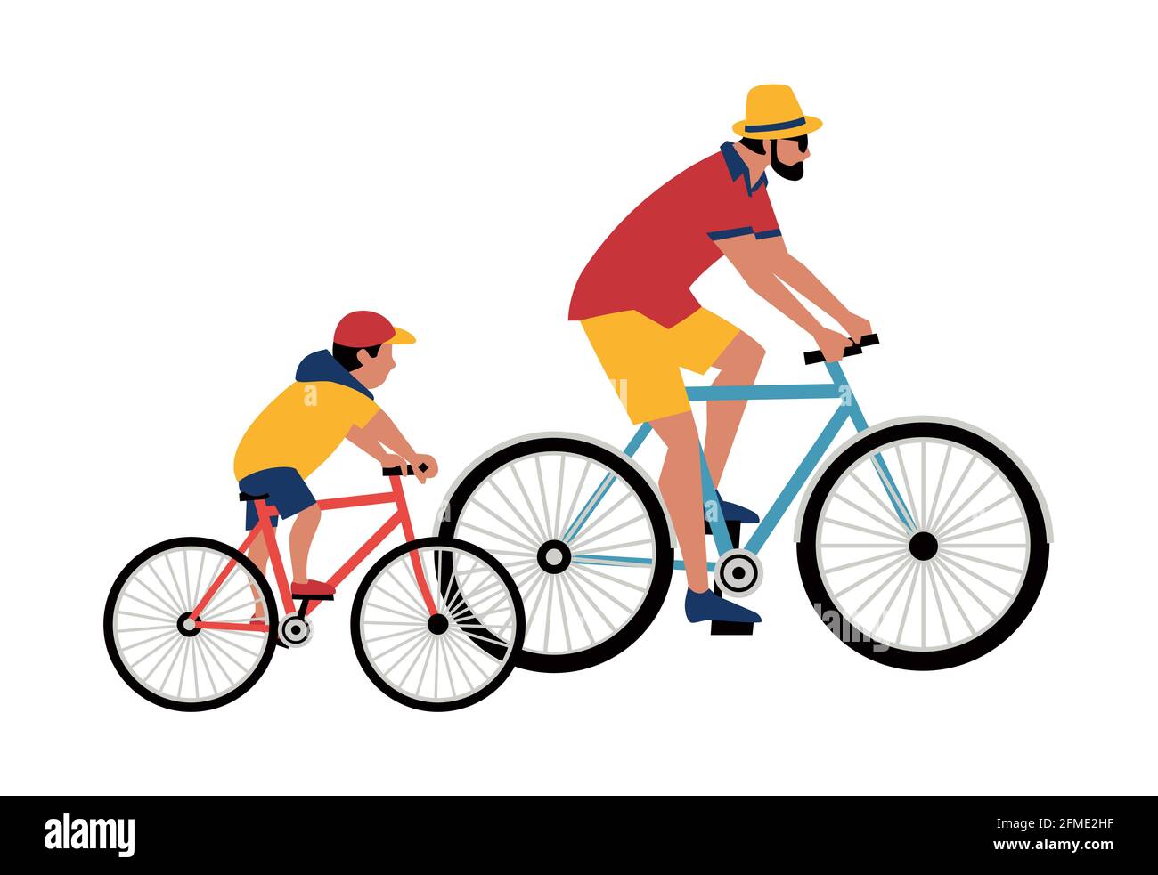 Dad, Son ride bicycle flat color vector Stock Vector