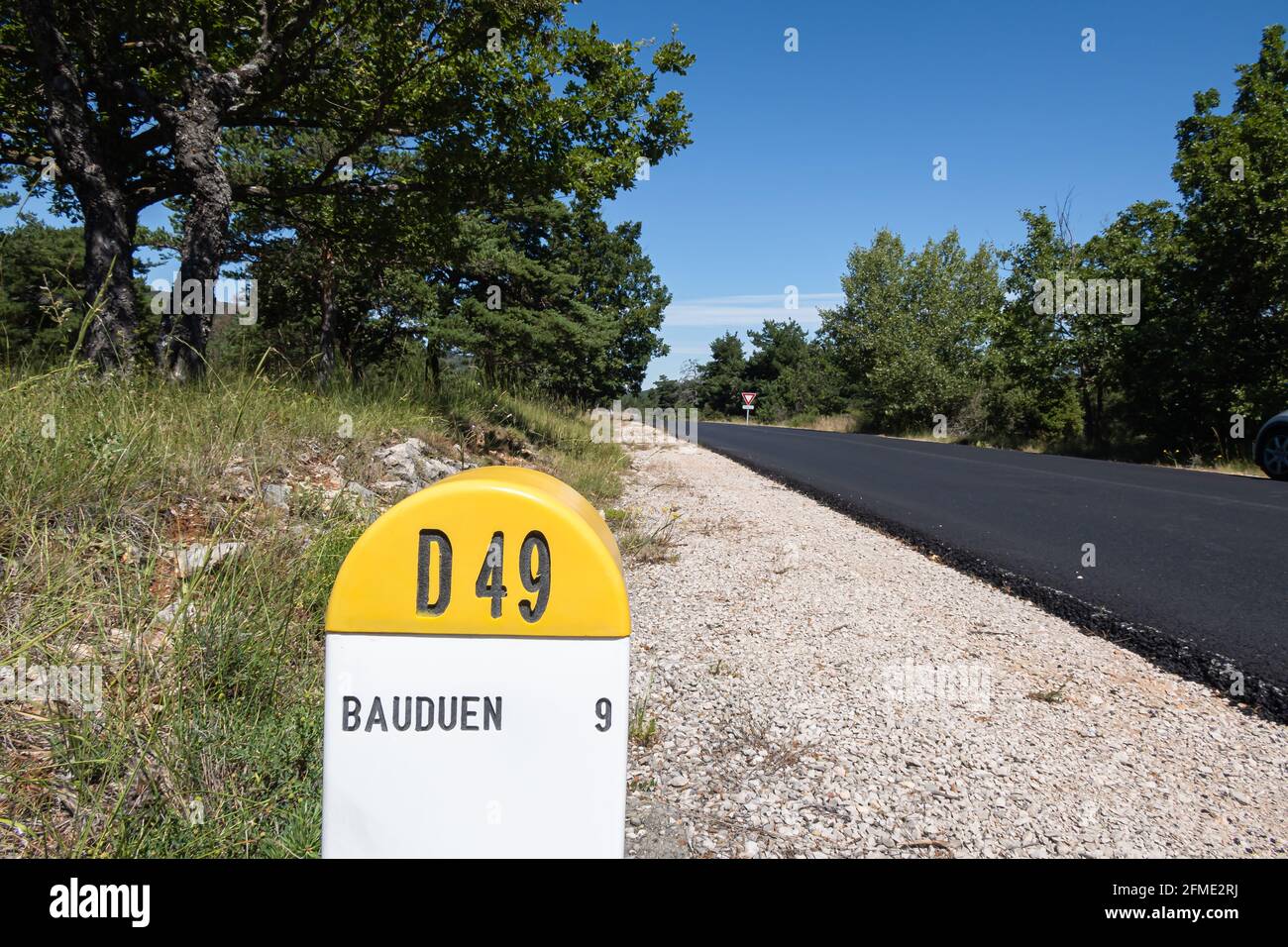 Bauduen, France - July 5, 2020: Roadside marking of department road D49 Stock Photo