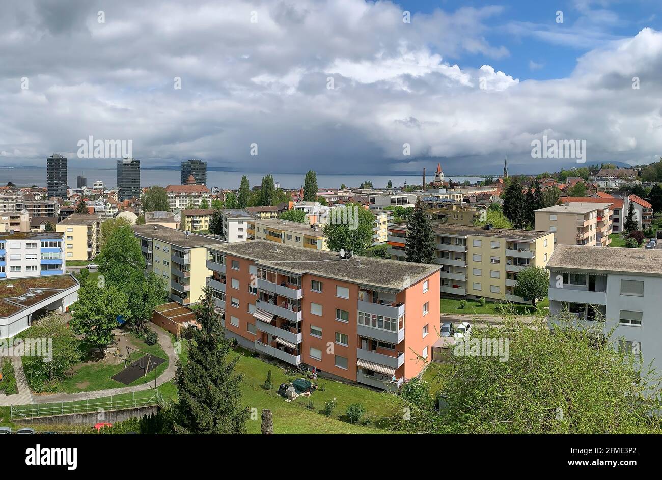 Rorschach, Switzerland - April 28, 2019: Panoramic view of the Swiss town of Rorschach on the south bank of Lake Constance, with approx. 35000 inhabit Stock Photo