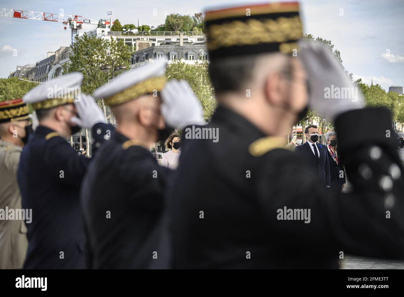 French President Emmanuel Macron during a ceremony marking the 76th anniversary of Victory in Europe (VE-Day), marking the end of World War II in Europe, in Paris on May 8, 2021. The leader of the Free French Forces, Charles de Gaulle, announced the official end of World War II to the French people on May 8, 1945, marking the end of a six-year war and the Nazi oppression in France, which resulted in millions of deaths.Photo by ELIOT BLONDET/ABACAPRESS.COM Stock Photo