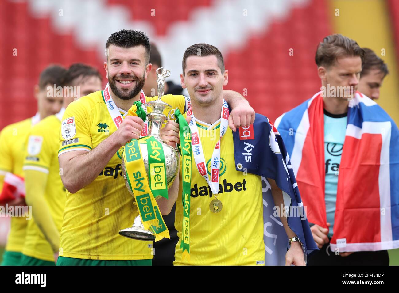 Barnsley, England, 8th May 2021. Grant Hanley and KennyÊMcLean of Norwich City  during the Sky Bet Championship match at Oakwell, Barnsley. Picture credit should read: John Clifton / Sportimage Stock Photo