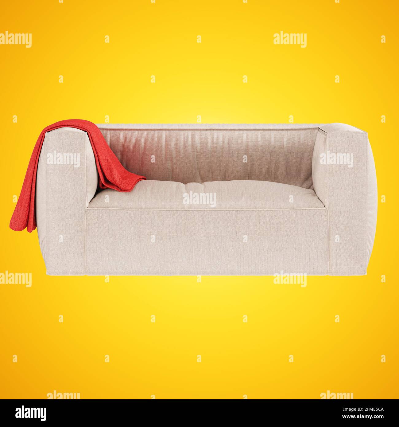 Light beige fabric soft sofa with a cover on the armrest on yellow background. 3d rendering. Front view Stock Photo