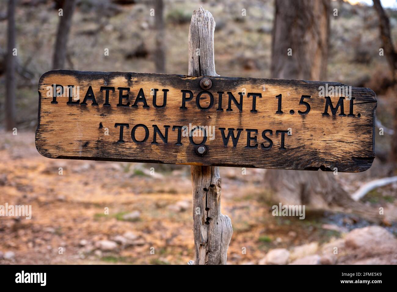 Plateau Point Trail Sign at the intersection of Tonto and Bright Angel trails Stock Photo