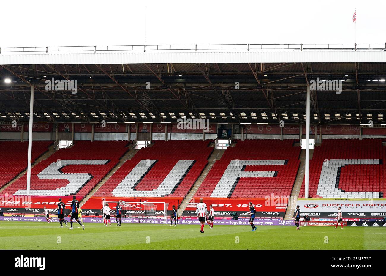 Sheffield, England, 8th May 2021.  The Weston Park Cancer Charity advertising board during the Premier League match at Bramall Lane, Sheffield. Picture credit should read: Darren Staples / Sportimage Credit: Sportimage/Alamy Live News Stock Photo