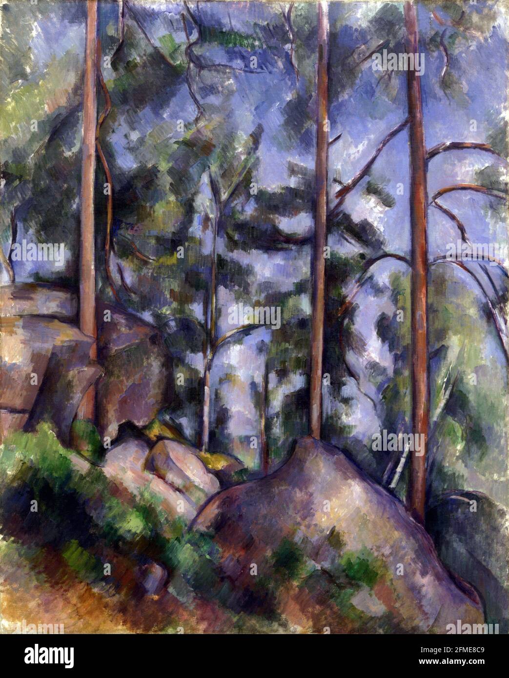 Paul Cézanne. (French, 1839-1906). Pines and Rocks (Fontainebleau?). c. 1897. Oil on canvas, 32 x 25 3/4' (81.3 x 65.4 cm). Stock Photo