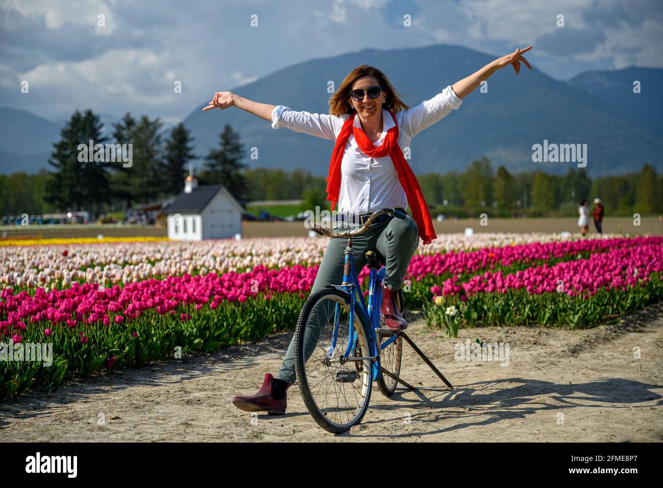 Very happy, very excited caucasian woman sitting on her old bike by the tulip field. Arms and legs wide open  and she shows happiness in British Colum Stock Photo