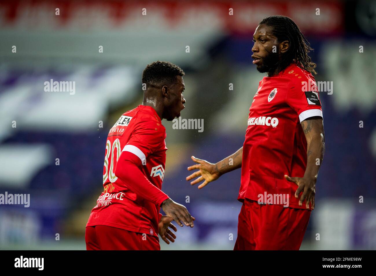 Antwerp's Dieumerci Mbokani Bezua celebrates after scoring (goal got rejected afterwards) during a soccer match between RSC Anderlecht and Royal Antwe Stock Photo