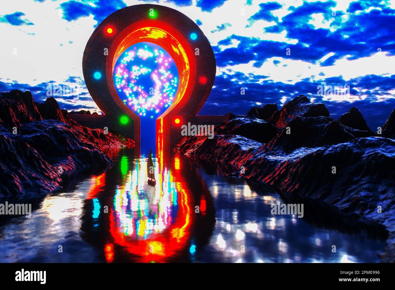 a mysterious portal in the form of an 'ohm' sign background (3d rendering) Stock Photo