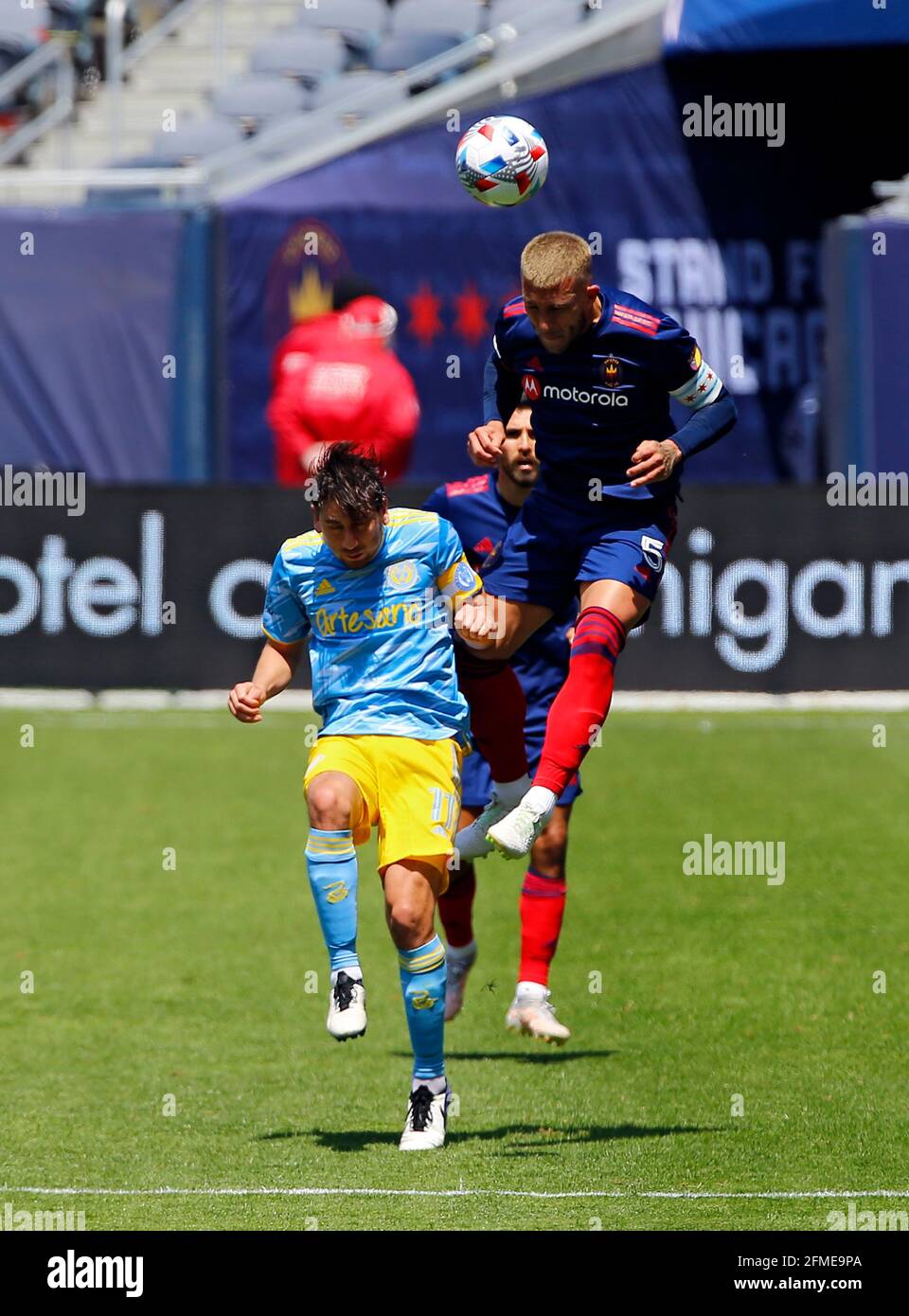 Chicago, USA, 08 May 2021. Major League Soccer (MLS) Chicago Fire FC defender Francisco Calvo (5) heads the ball against the Philadelphia Union at Soldier Field in Chicago, IL, USA. Union won 2-0. Credit: Tony Gadomski / All Sport Imaging / Alamy Live News Stock Photo