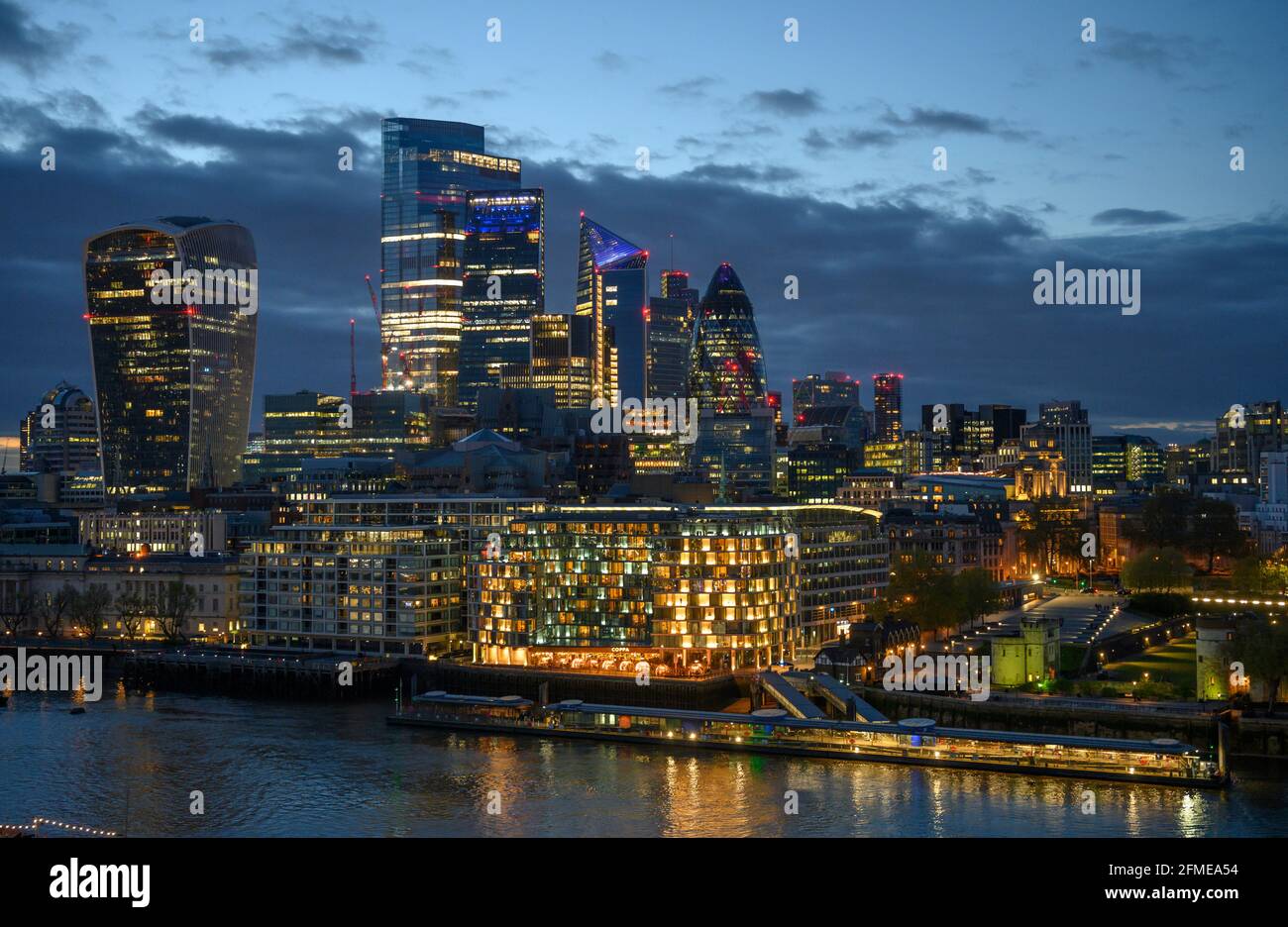 London, UK. 8 May 2021. London landmark buildings lit up on a clear night seen from the top of City Hall, Londons Living Room, as the 2021 Mayoral election count takes place. Credit: Malcolm Park/Alamy Live News. Stock Photo