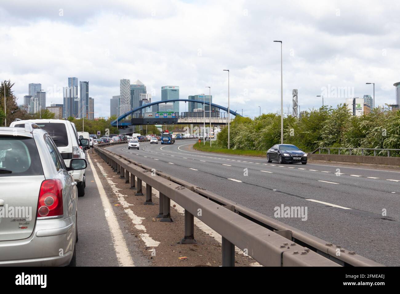 Traffic on the A102 approaching the Blackwall tunnel, Greenwich, London