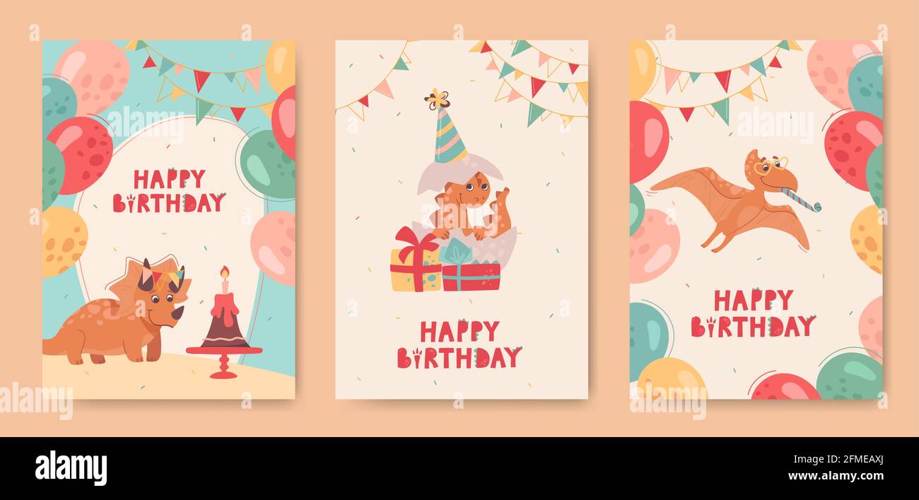 Funny dinosaurs on holiday cards for kids. Pteranodon, Triceratops, and a small newborn dinosaur that hatched from an egg. Happy birthday greeting cards. Lettering, balloons, buntings. Vector,cartoon. Stock Vector