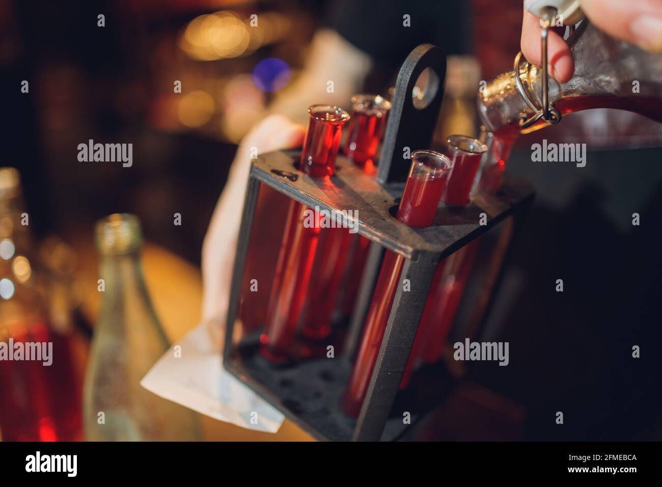 Laboratory glassware with alcohol cocktail's on chemical party Stock
