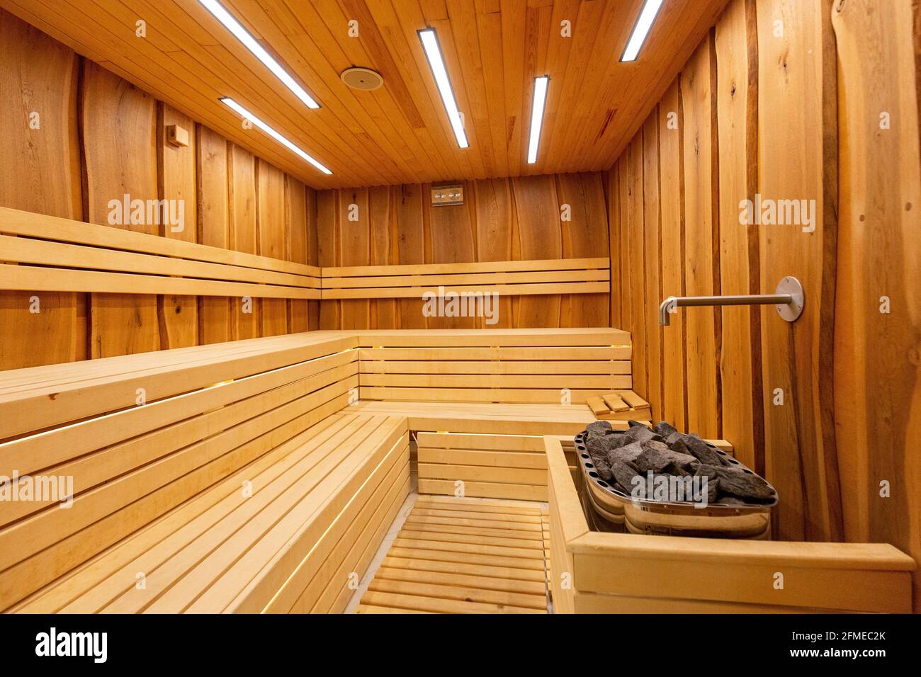 Interior of a brown wooden sauna bath Stock Photo - Alamy