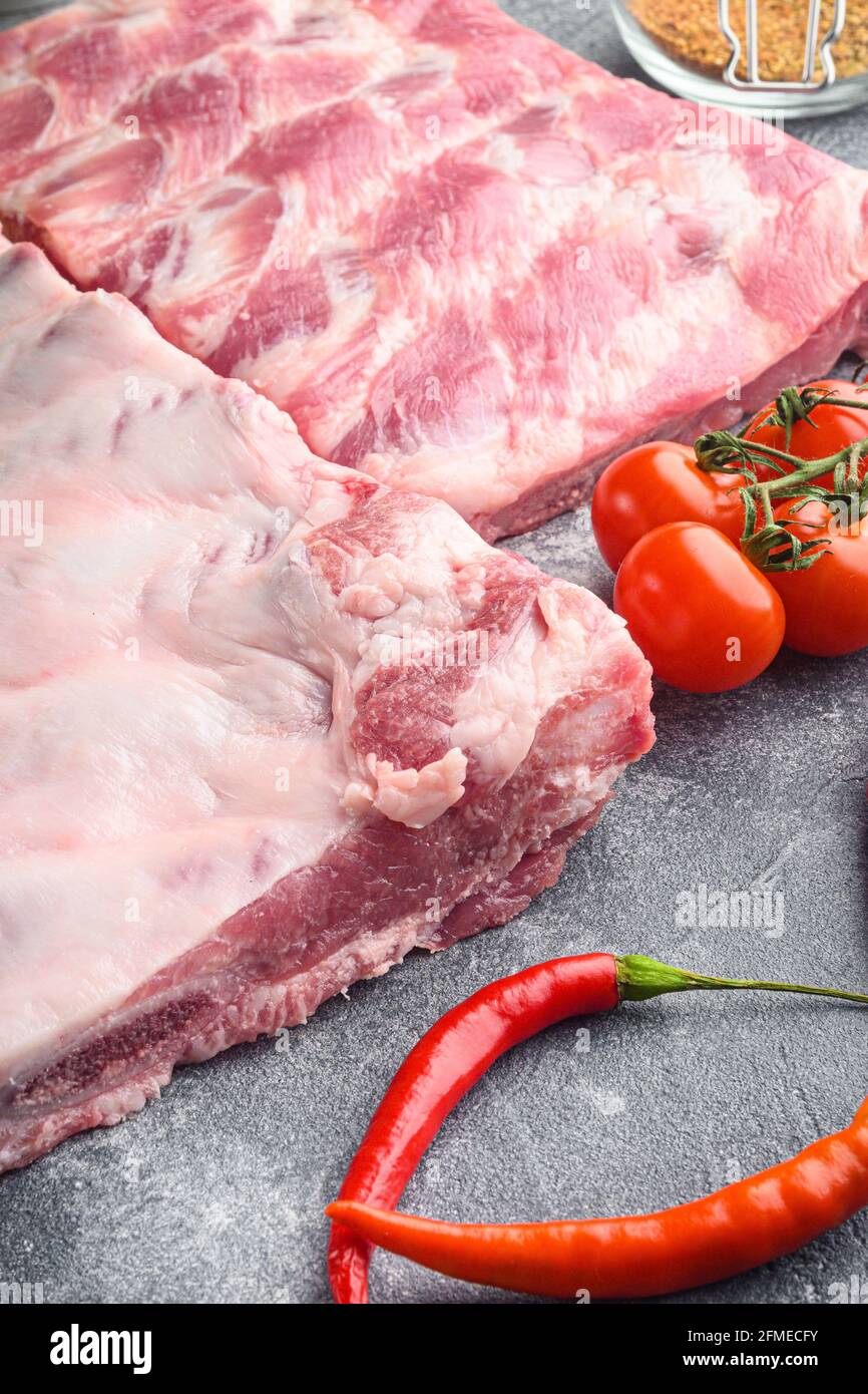 Fresh raw pork ribs with ingredients set, on gray background Stock ...