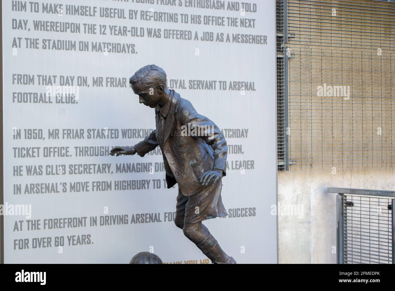 HIGHBURY, LONDON, ENGLAND 6 May 2021 Ken Friar statue outside Arsenal