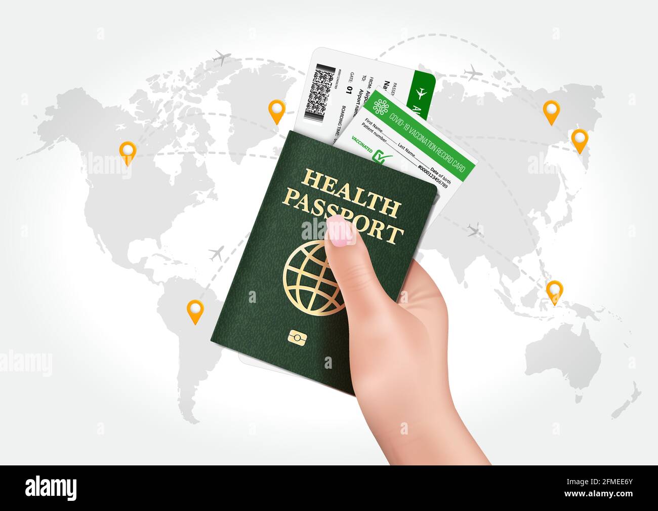 Paper version of your health passport along with an airline ticket and a certificate of receipt of the Covid-19 vaccine. Stock Vector