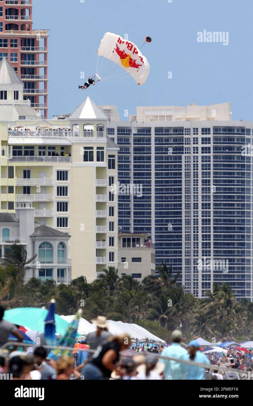 BROWARD COUNTRY, FL - MAY 08: (No sales New York Post) Red Bull Skydiver performs at the 2021 Florida Air Show on May 8, 2021 on the Beach in Broward County, Florida People: Red Bull Skydiver Credit: Storms Media Group/Alamy Live News Stock Photo