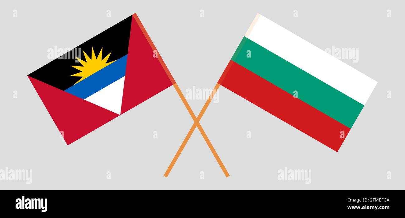 Crossed flags of Bulgaria and Antigua and Barbuda. Official colors. Correct proportion. Vector illustration Stock Vector