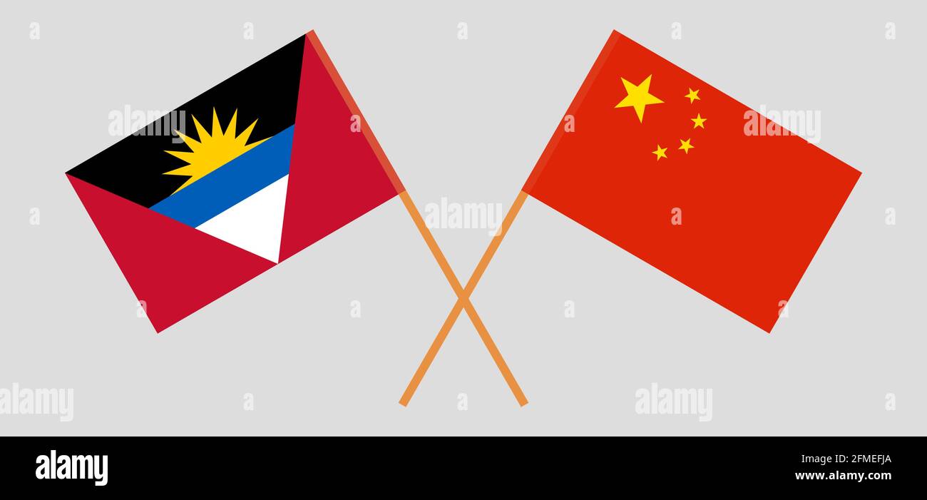 Crossed flags of Antigua and Barbuda and China. Official colors. Correct proportion. Vector illustration Stock Vector