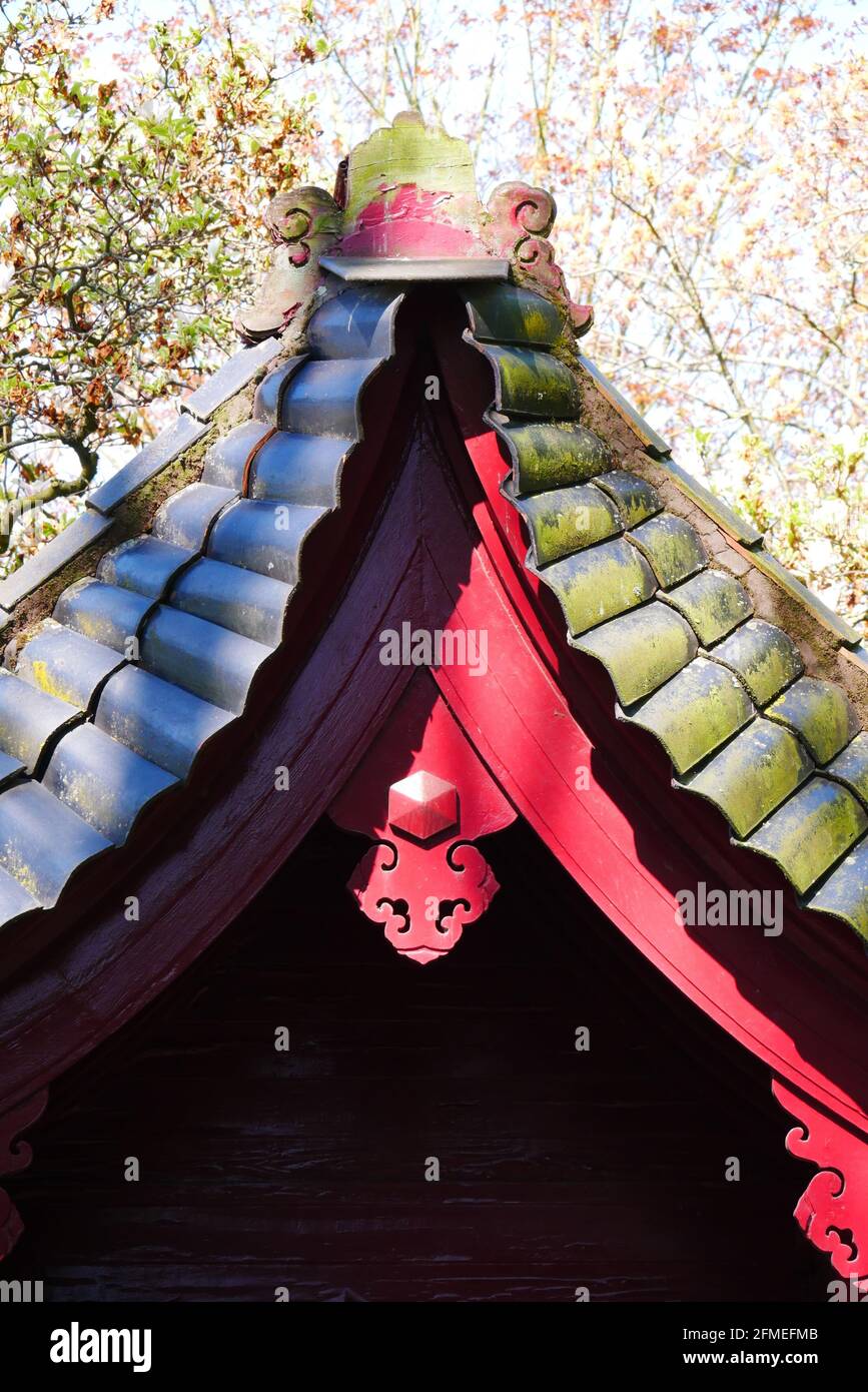 closeup of a traditional rooftop of a japanese wooden gate Stock Photo