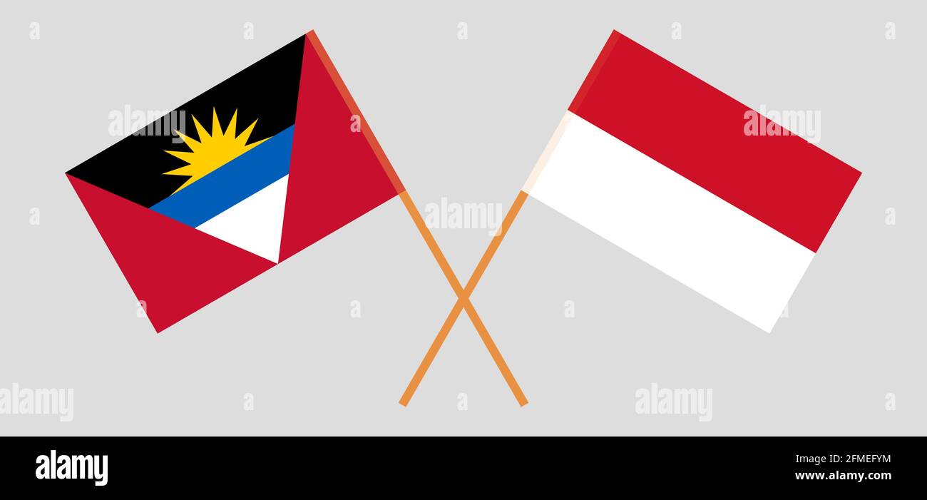 Crossed flags of Indonesia and Antigua and Barbuda. Official colors. Correct proportion. Vector illustration Stock Vector