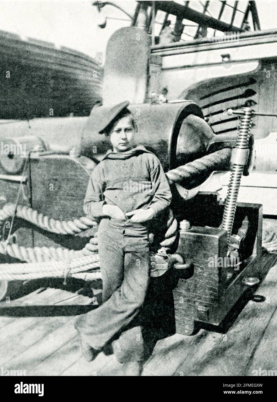 This 1912 caption read reads: “Powder monkey on deep-sea craft.” This Civil War photo shows a powder monkey, a young boy who brought the powder from the magazine to the deck. Stock Photo
