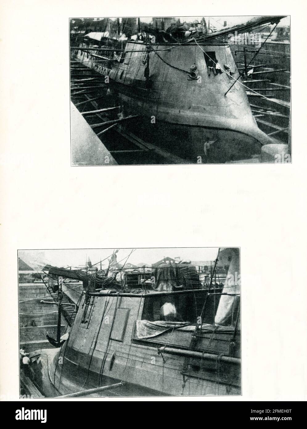Pictured here is the Confederate ram Stonewall - two views of ship in dry-dock in Port Royal on the Rappahannock River in Virginia. It sailed from Copenhagen on January 6, 1865. Stonewall' was built by Lucien Arman Brothers in France in 1863-64 for the Confederate States Government. However, the French authorities refused to permit her delivery, following strong protests by American Ministers, Dayton and Bigelow. The vessel was eventually sold to Denmark via a Swedish intermediary, for use in the Schleswig-Holstein War. Because of delays, shortcomings in her design and the fact that due to pro Stock Photo