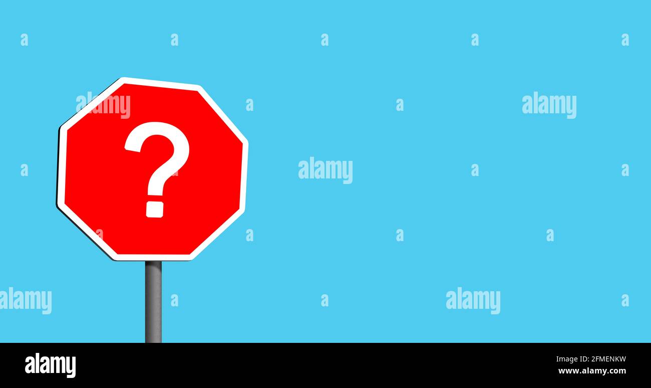 Question mark road sign in blue turquoise soft background Stock Photo