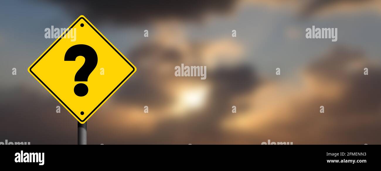 Question Mark road sign in panoramic Cloudy sky blur background