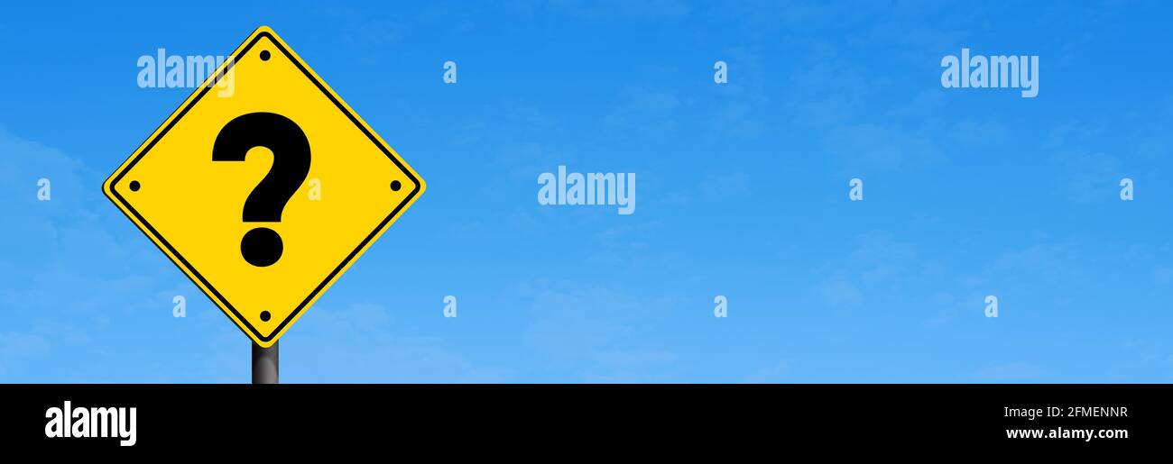 Yellow road sign with Question Mark in panoramic blue sky background