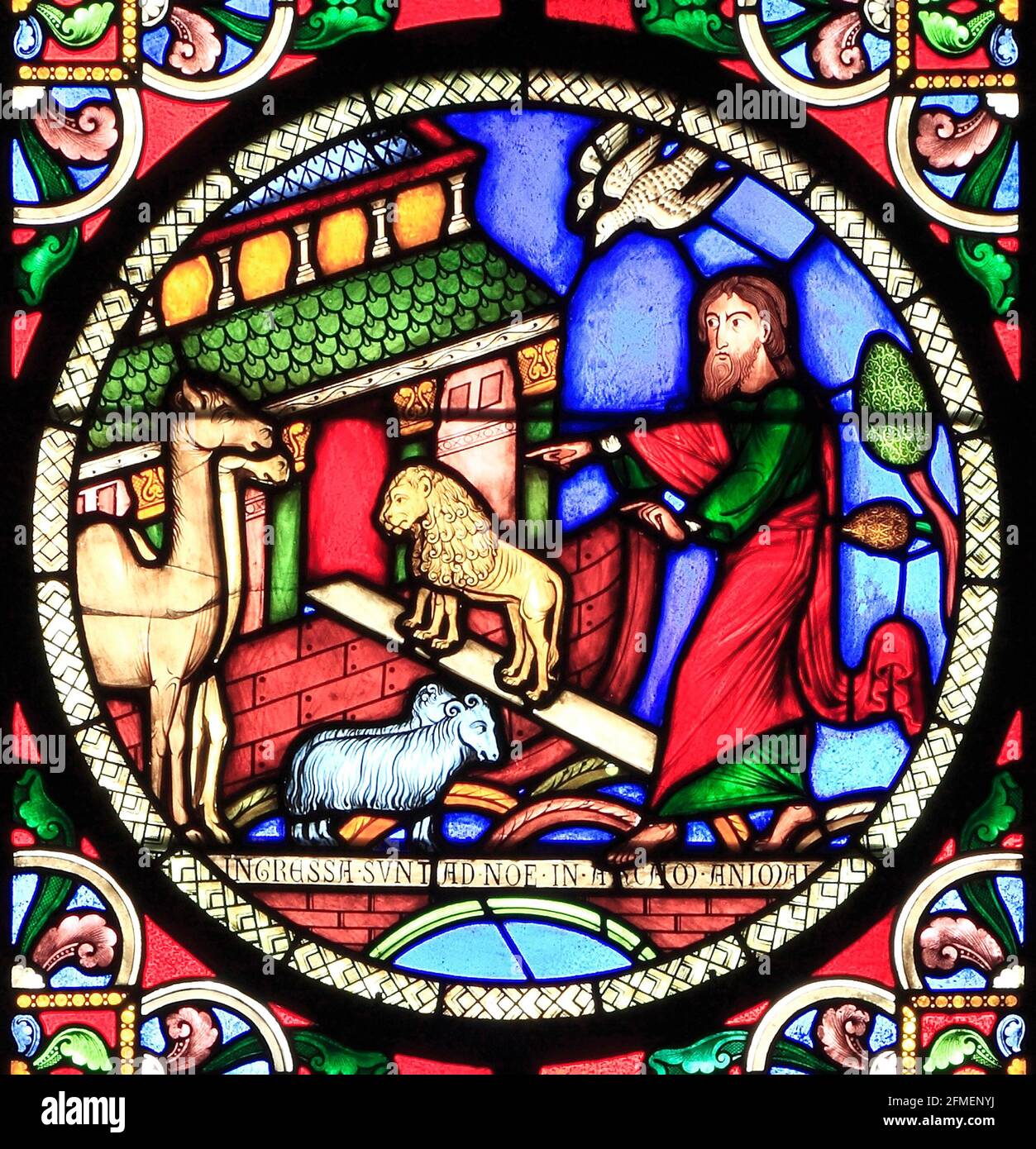Noah and The Ark, animals entering ark, two by two, lions, sheep, camels, stained glass window by Alfred Gerente, 1849, Ely Cathedral, Cambridgeshire Stock Photo
