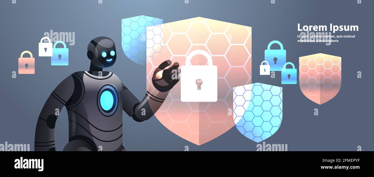modern robot cyborg with protection shield cyber security data ...