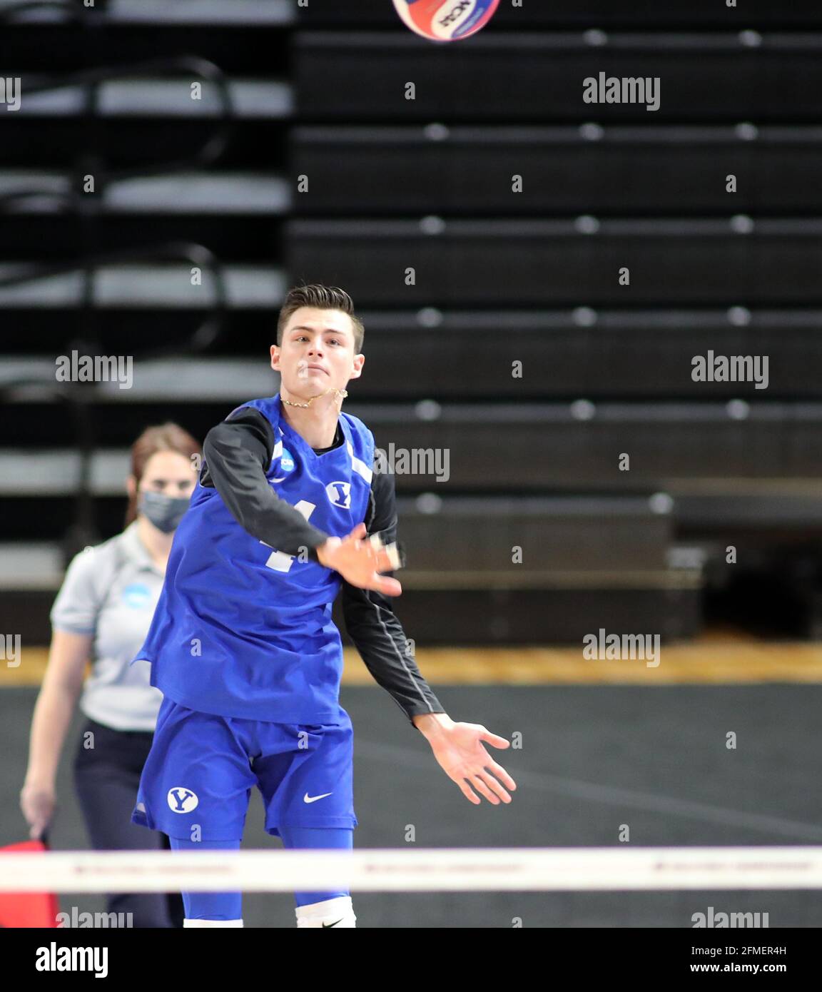 May 8, 2021 - BYU Cougars lirero/outside Jon Stanley #4 serves the ball  during a game between the BYU Cougars and the Hawaii Rainbow Warriors in  the final of the NCAA Men's