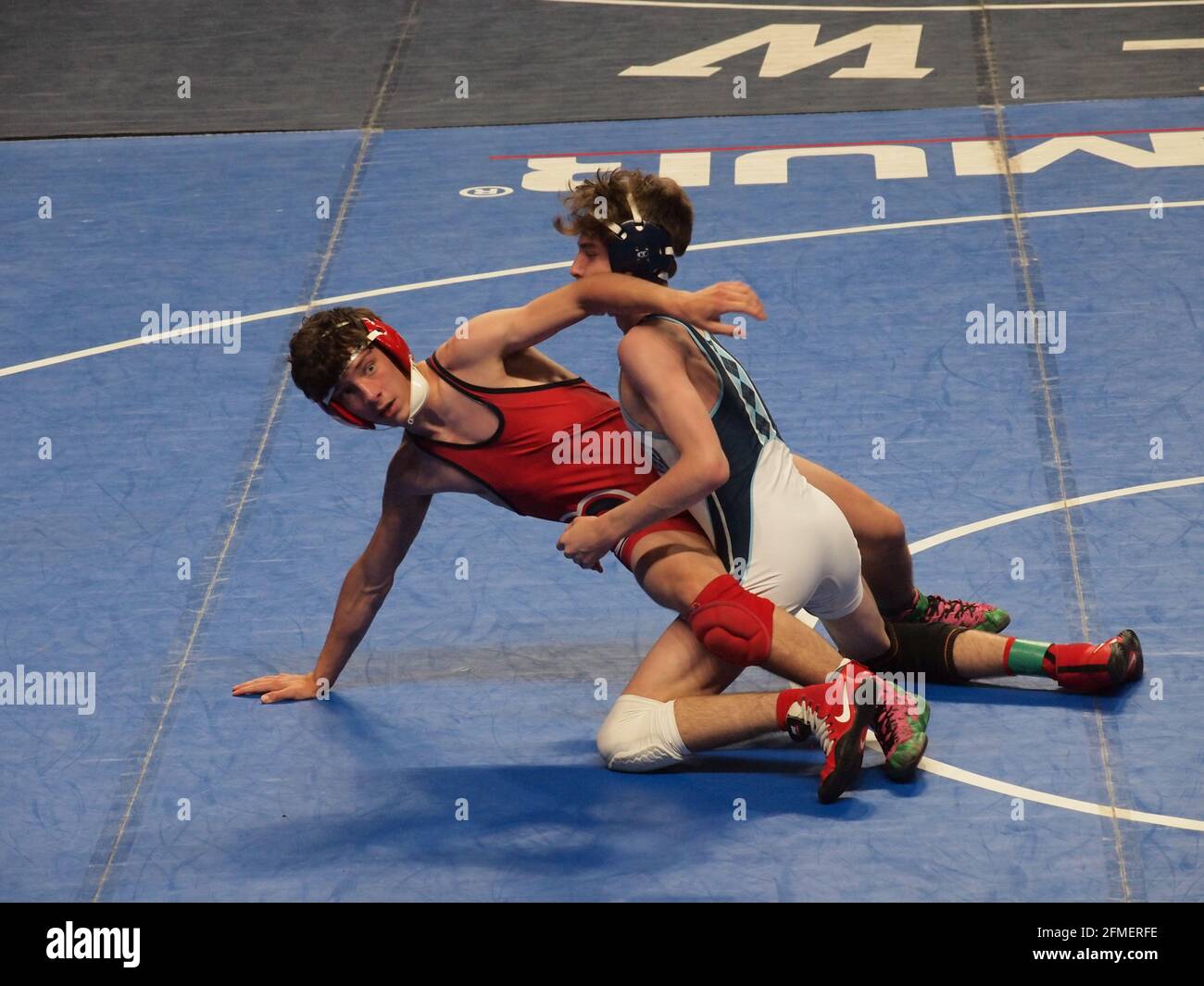 High school wrestlers in a Pennsylvania tournament show their skills in competition. Stock Photo