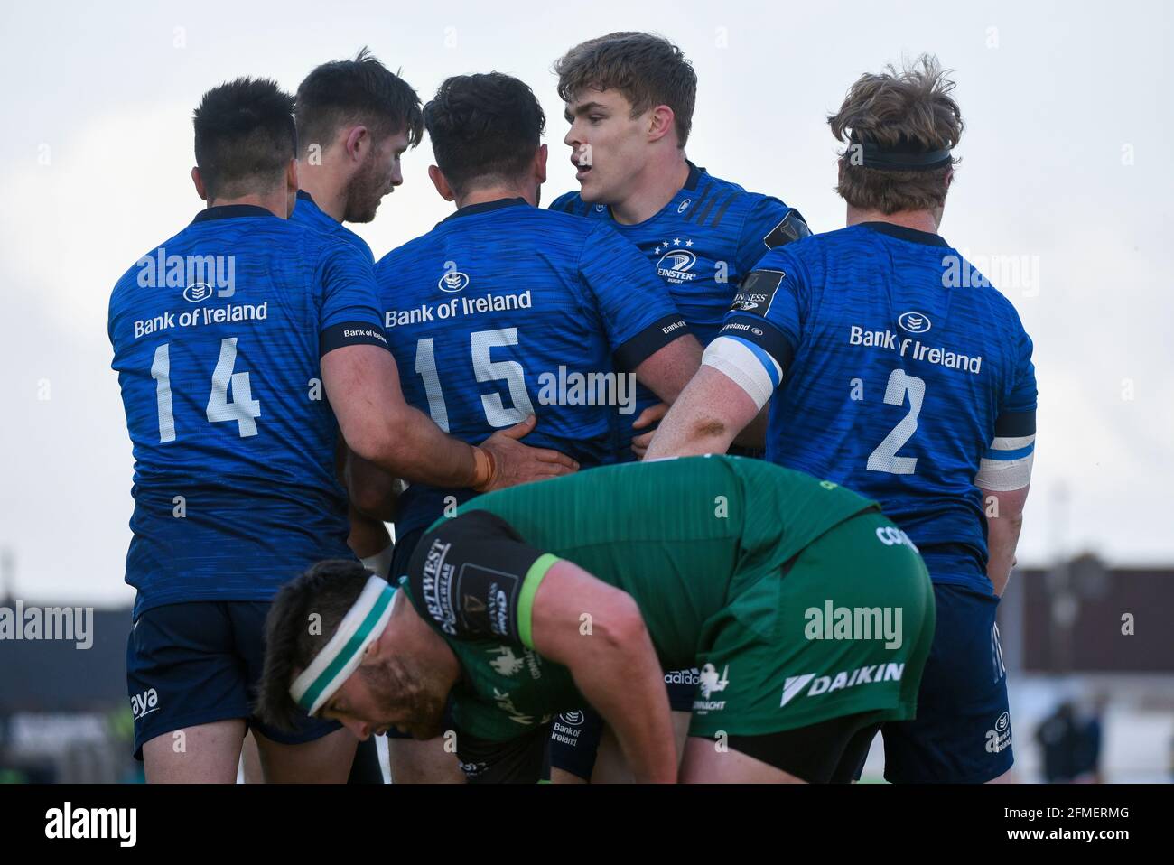 Hugo KEENAN of Leinster celebrates scoring with Cian KELLEHER of Leinster, James TRACY of Leinster, Luke MCGRATH of Leinster and Ross BYRNE of Leinster during the Guinness PRO14 Rainbow Cup Round 2