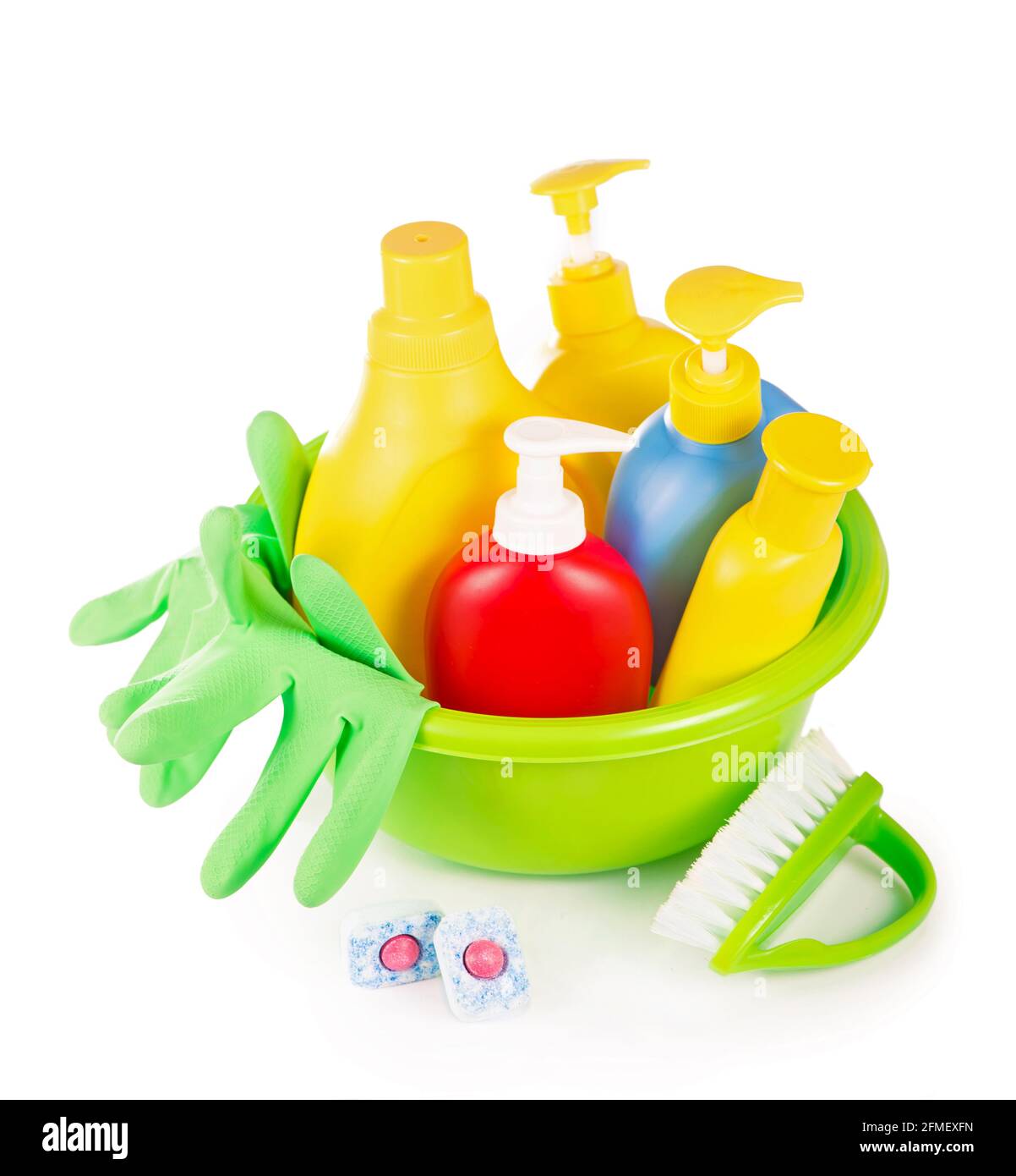 Cleaning items. Cleaning equipment rags, detergents, gloves, brushes