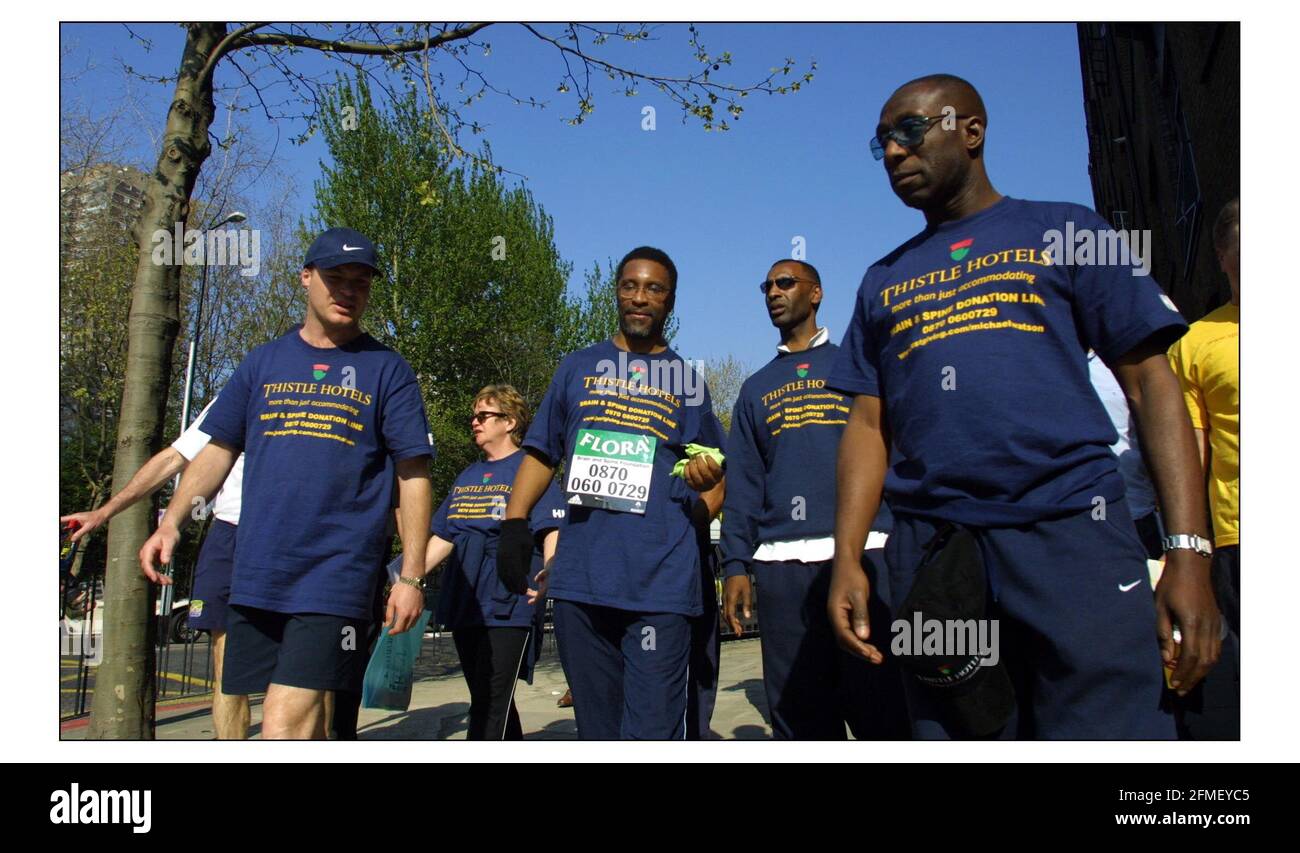 Ex boxer Michael Watson who was injured in his fight with Chris Eubank is running the London marathon to collect money for charity. He started on sunday with all the other athlets and hopes to finish on Sat.pic David Sandison 17/4/2003 Stock Photo