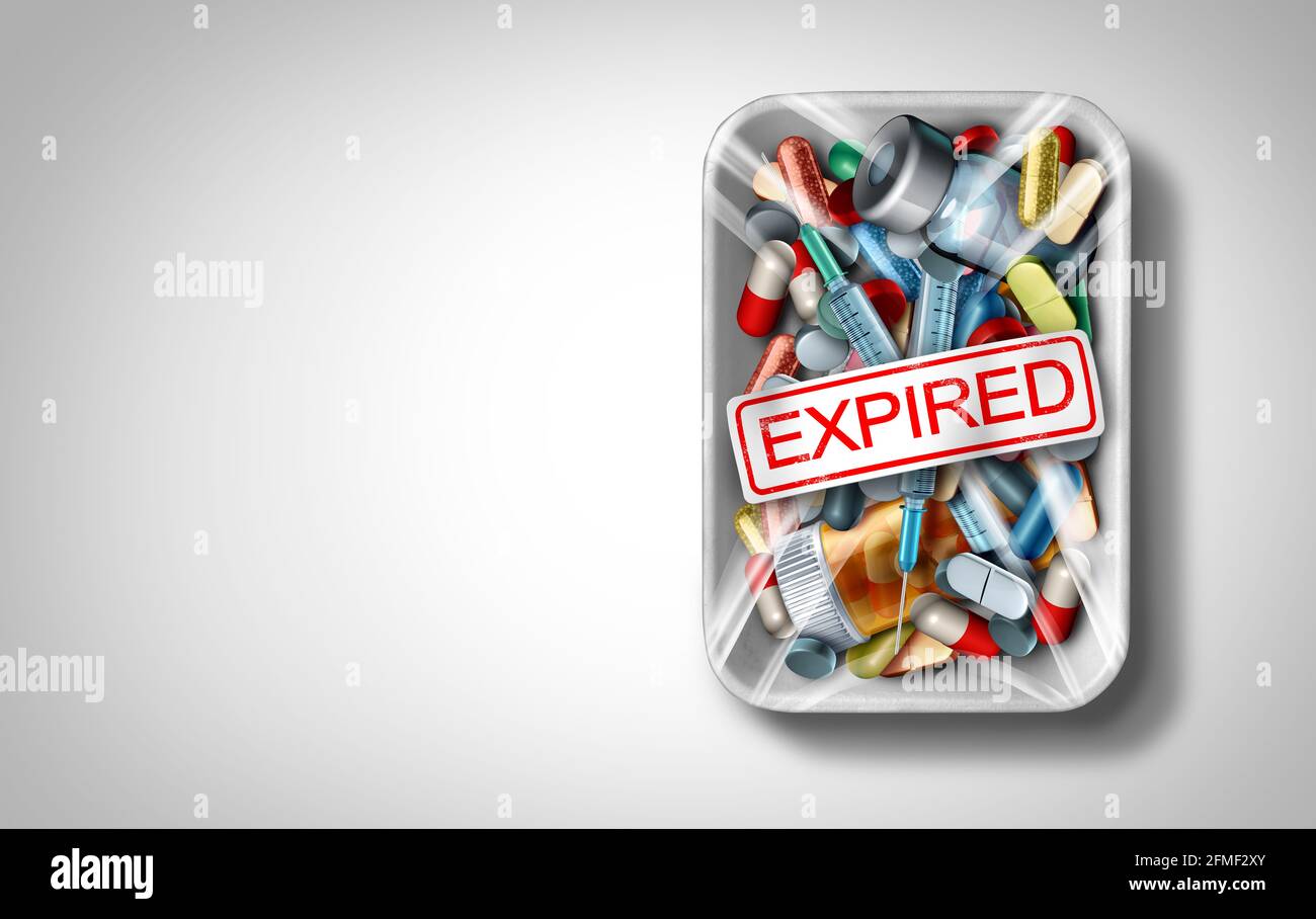 Expired medicine and expiration of prescription drugs or past expiry old medication health risk as a drug or pharmacy safety concept. Stock Photo