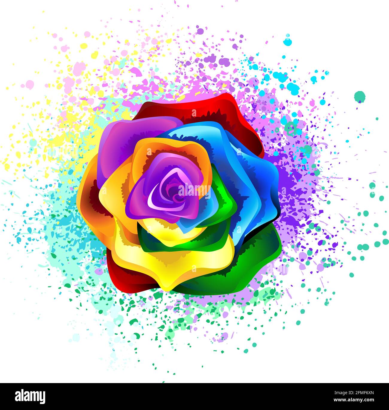 Large, blooming rose with rainbow petals on white background, painted over with splashes of colorful, bright paint. Stock Vector